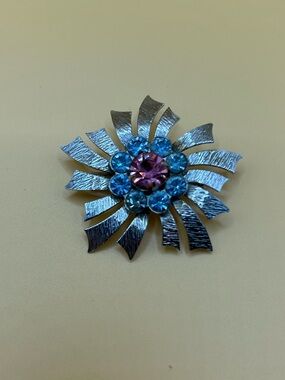 Vintage Silver-Tone Flower Brooch with Blue and Pink Rhinestones